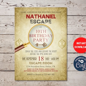 Escape Room Geburtstagseinladung, Mystery Clue Spion Geburtstag Detektiv Invite, Escape Room Party, bearbeitbare Geburtstagsvorlage, MLN154