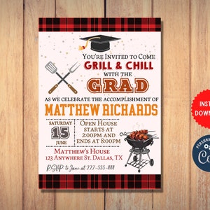 BBQ Graduation Invitation, Printable Digital College Grad Invite, Senior Grad Party, Grill Out & Chill BBQ Invite Editable, MLN179
