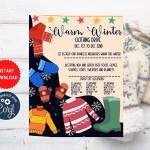 Winter clothing drive flyer printable editable, sock drive, clothes drive flyer Instant Download Card, MLN106