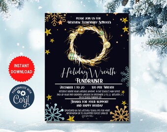 Holiday Wreath Invite Template, Christmas Event Party Invitation, School Fundraising Printable Card, Instant Download Card, MLN92