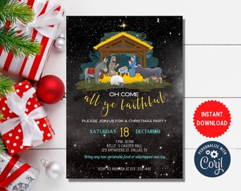 Puede incluir: Una invitación a una fiesta de Navidad negra y dorada con un fondo de noche estrellada. La invitación presenta una escena de la Natividad con un pesebre, un burro, una vaca, una oveja y tres figuras. El texto dice "Oh Come All Ye Faithful" e incluye detalles sobre la fiesta, incluida la fecha, la hora, la ubicación y la información de RSVP.