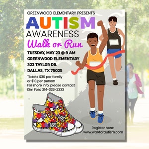 Autism Awareness Fun Walk Run Family Day Event Flyer PTO PTA Fundraiser School Fundraising Flyer Corjl Editable SS525