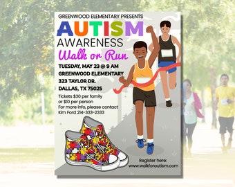 Autism Awareness Fun Walk Run Family Day Event Flyer PTO PTA Fundraiser School Fundraising Flyer Corjl Editable SS525