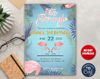 Tropical Beach Summer Party Invite, Birthday Celebration Editable Invitation, Flamingo Celebration Instant Download Invite, MLN5