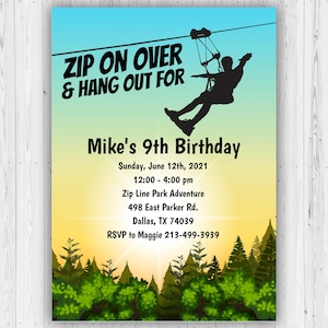 Convite para festa de aniversário com tirolesa Zipline para menino, celebração Download instantâneo Personalizar