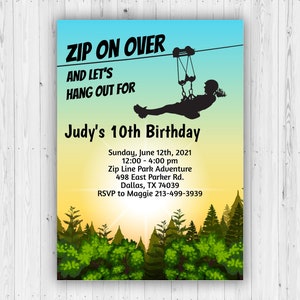 Girl&#39;s Zipline zip line birthday party invitation, celebration Instant download Customize