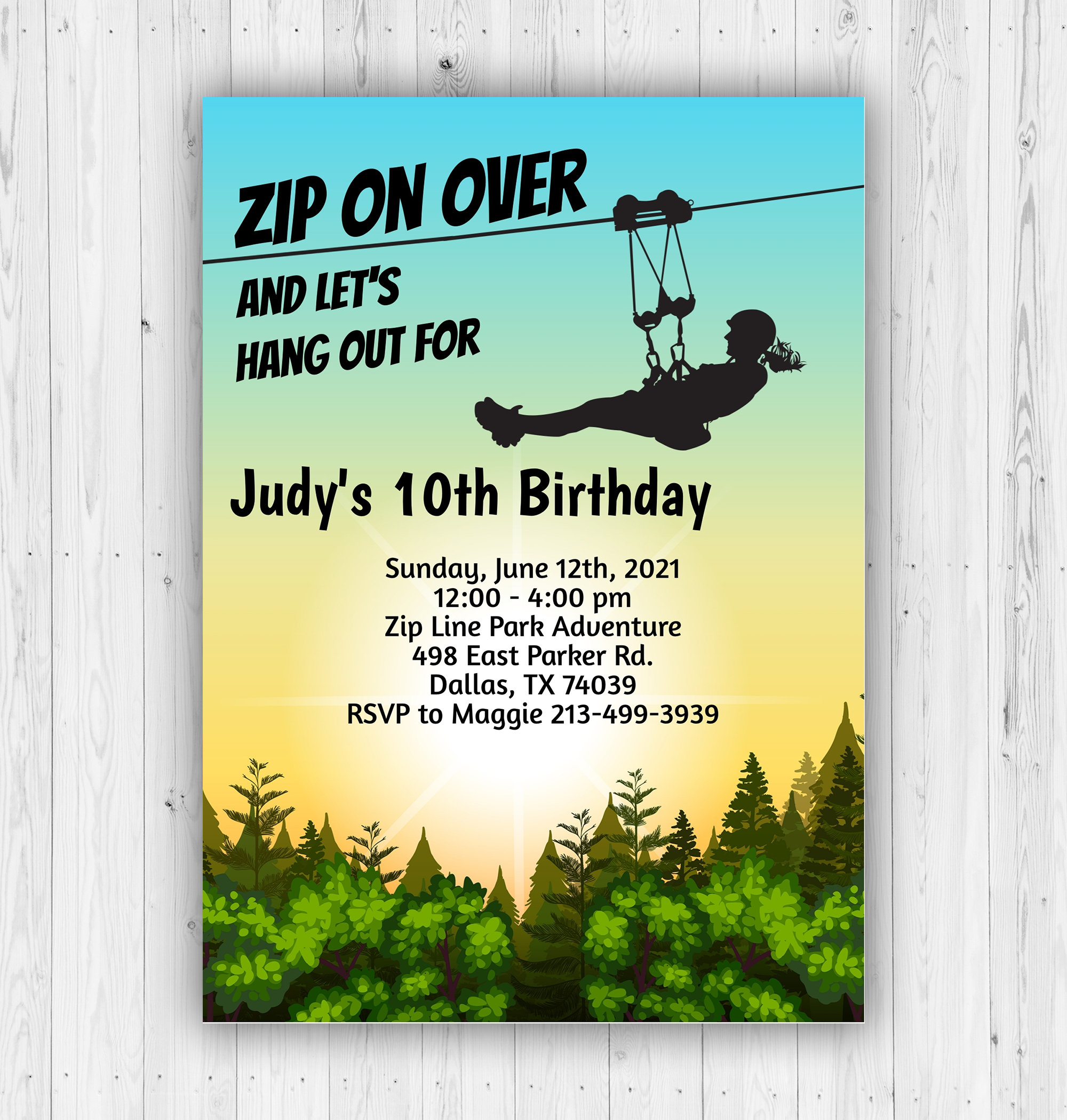 Girl's Zipline Zip Line Birthday Party Invitation, Celebration Instant