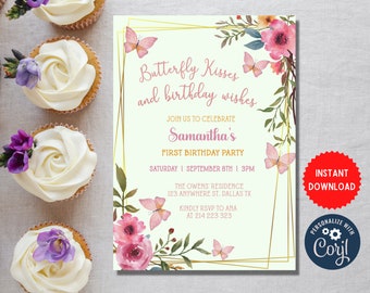 Butterfly Birthday Invite, Sweet Birthday Celebration, Customize Editable Card Invitation, Butterfly Party Instant Download, MLN53