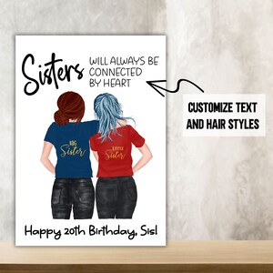 Cartão de feliz aniversário irmã personalizável de longa distância lado a lado conectado de coração personalizado, saudação de irmã