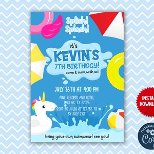 Pool Party Birthday Editable Invitation Kids Swimming Celebration Instant Download, JVN18