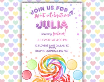 Sweet Candyland Candy Theme Girl Sweet sixteen Birthday Party Personalized Invitation Digital File JVN3