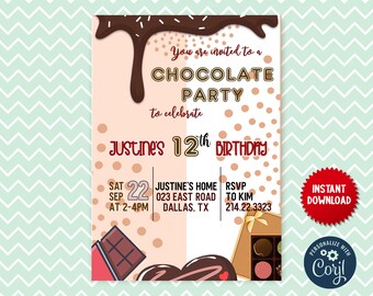 Invitación temática de chocolate dulce, archivo digital de invitación personalizada de fiesta de cumpleaños de chocolate especial, MLN10
