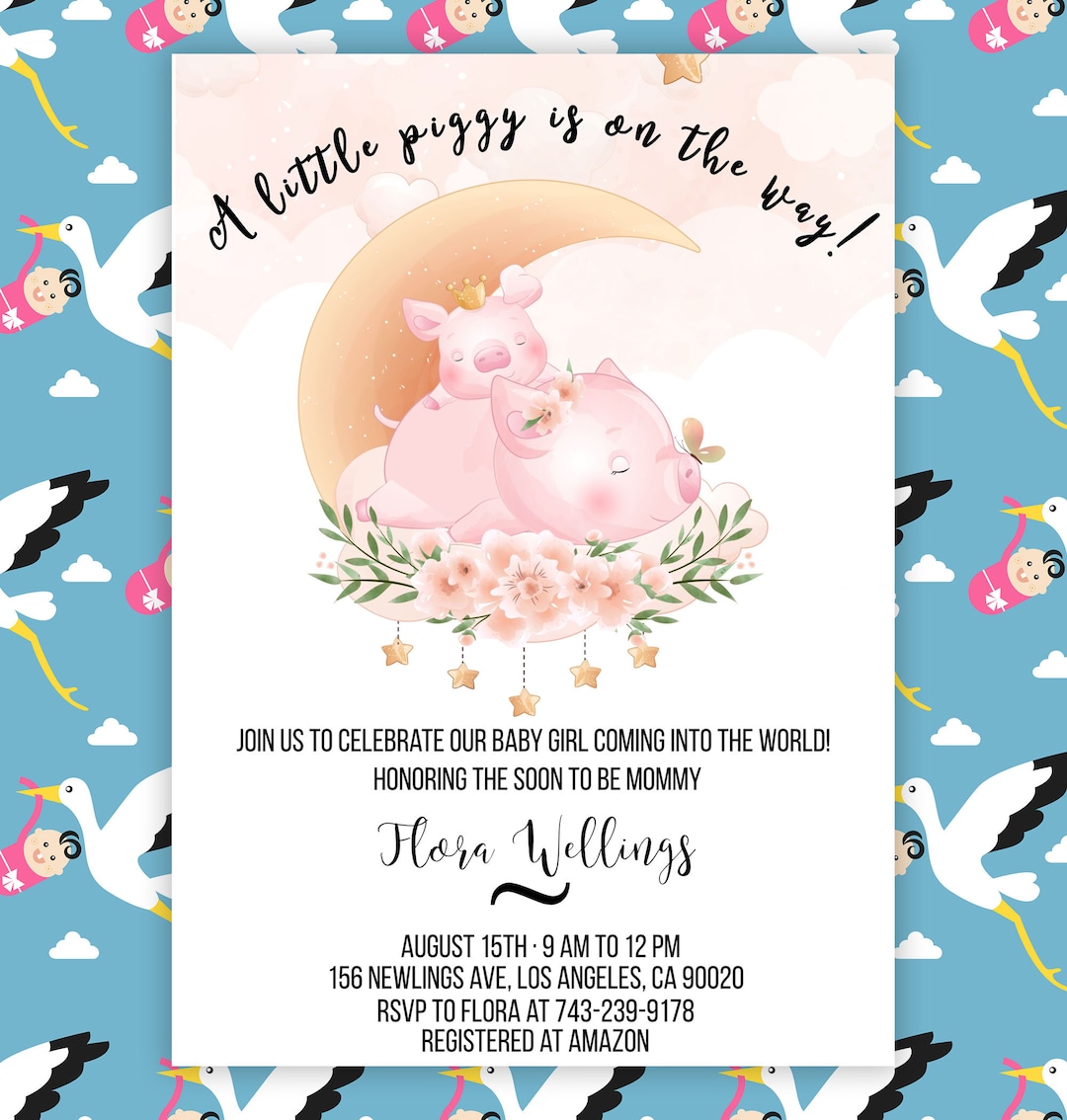 Baby Shower Invite Cute Piggy Pig Girl Pink Rustic Invitation Moon ...
