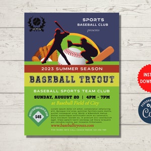 Baseball Tryout corjl  Template, A4 Sports Flyer Template, Sports Event Flyer, Baseball Training, Baseball Flyer, Template Digital, MLN203