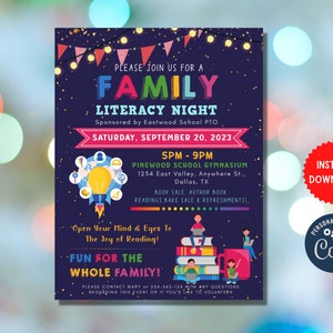 Family Literacy Night Flyer, Printable PTA PTO Flyer, School Church Fundraiser Event Poster Digital Party Printable Invitation MLN210