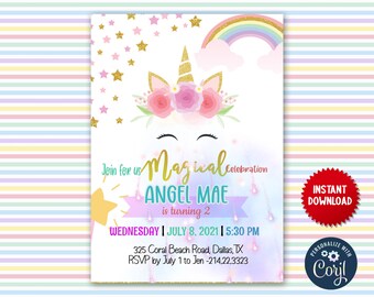 Unicorn Party Invite, Birthday Celebration Invite, Customize Editable Invitation, Mythical Celebration Instant Download, MLN9