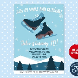 Ice Skating Theme Birthday Party Invite, Ice Skate Shoes Kids Personalized Editable Invitation Digital File, JVN22