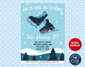 Ice Skating Theme Birthday Party Invite, Ice Skate Shoes Kids Personalized Editable Invitation Digital File, JVN22
