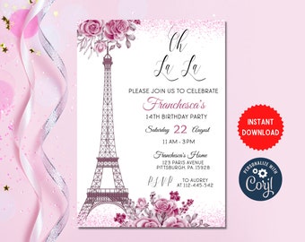 Paris Theme Birthday Invite, Sweet 14th Birthday Party Celebration, Customize Editable Card Invitation, Instant Download, MLN 141