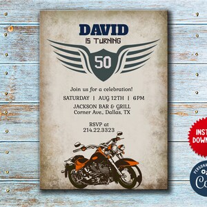 Convite especial de aniversário do pai motociclista legal para download personalizado festa em casa do motociclista de aniversário personalizado, MLN27