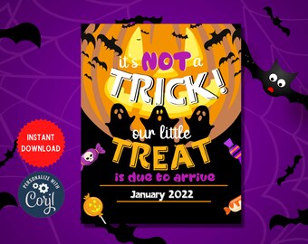 Trick or Treat Theme Invite Template, Halloween Pregnancy Announcement, Baby Announcement Party Celebration, Instant Download Card, MLN83