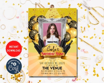 Gold Theme Birthday Bash Invite Template, Custom Birthday Photo Invitation, Wine Party Celebration, Instant Download Card, MLN82