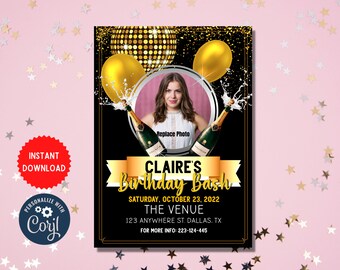 Champagne Birthday Bash Invite Template, Custom Birthday Photo Invitation, Champagne Celebration Party, Instant Download Card, MLN79