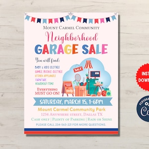 BEWERKBARE Garage Sale Flyer, afdrukbare PTA Flyer, School Church Fundraiser, buurt Rummage Sale Event Poster, Instant Download, MLN168