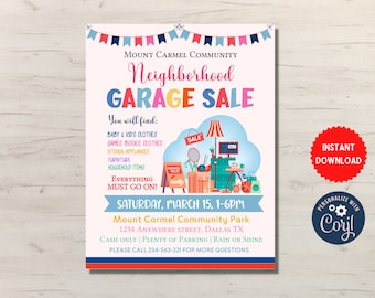 BEWERKBARE Garage Sale Flyer, afdrukbare PTA Flyer, School Church Fundraiser, buurt Rummage Sale Event Poster, Instant Download, MLN168