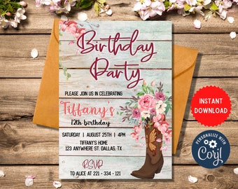Western Style Invite Template, Printable Birthday Party Invitation, Instant Download Card, Custom Editable Birthday Celebration, MLN69