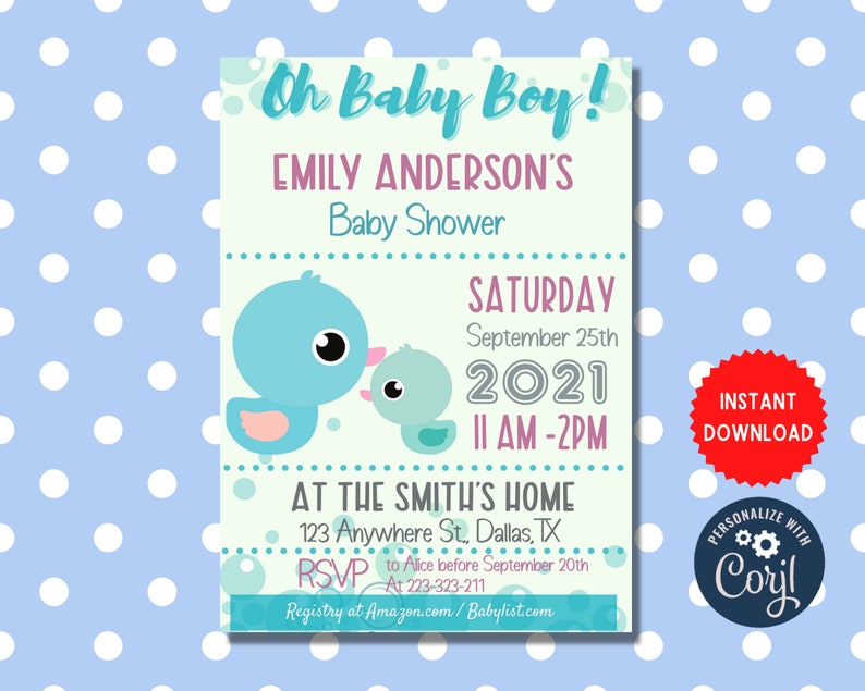 Rubber Duck Baby Shower Invite Cute New Baby Celebration Customize Editable Card Invitation Rubber Duck Party Instant
