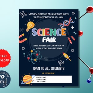 Science fair event printable flyer, stem lab fundraiser, school pta ptn, teacher custom printable MLN123
