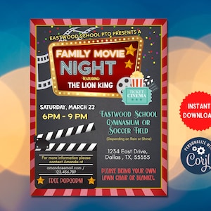 Movie Night Flyer, Printable PTA PTO Flyer, School Church Benefit Fundraiser Event Poster Digital Cinema Party Printable Invitation, MLN143