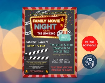 Movie Night Flyer, Printable PTA PTO Flyer, School Church Benefit Fundraiser Event Poster Digital Cinema Party Printable Invitation, MLN143