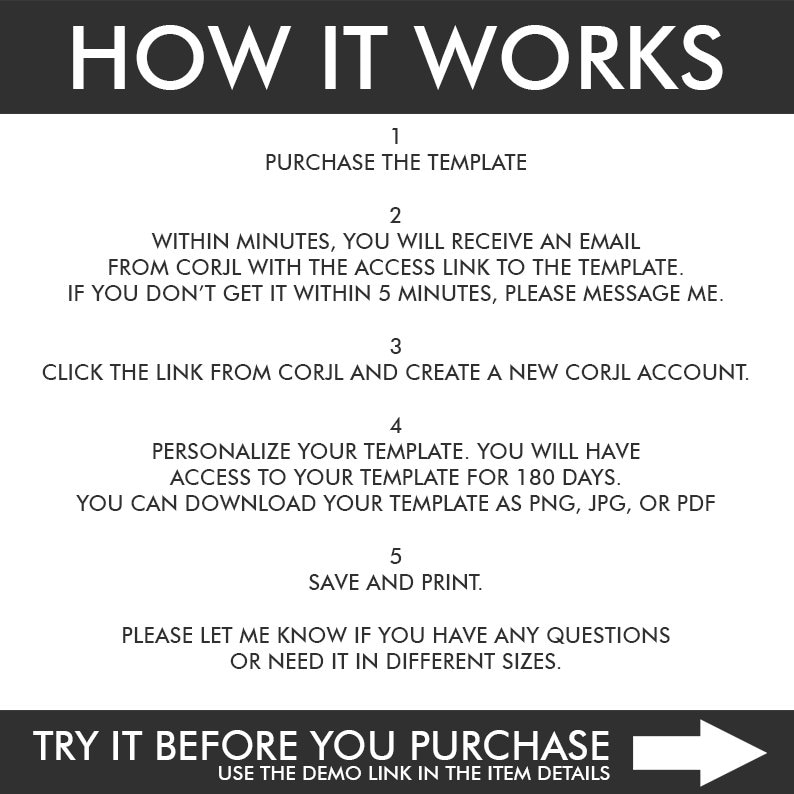 May include: A white and black graphic with the text "HOW IT WORKS" in large, bold letters. The graphic outlines five steps for purchasing and using a digital template. The steps include purchasing the template, receiving an email with a link to the template, creating a Corjl account, personalizing the template, and saving and printing the template. The graphic also includes the text "TRY IT BEFORE YOU PURCHASE" and an arrow pointing to the right. The text "USE THE DEMO LINK IN THE ITEM DETAILS" is below the arrow.