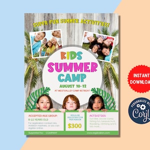 Kids Summer Camp Invitation, A4 Flyer Template, School Event Flyer, Summer Camp Training, Summer Camp Flyer, Template Digital, MLN197