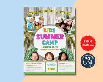 Kids Summer Camp Invitation, A4 Flyer Template, School Event Flyer, Summer Camp Training, Summer Camp Flyer, Template Digital, MLN197