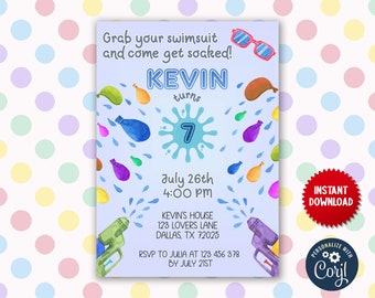 May include: A blue and white invitation with a watercolor illustration of water balloons and a water gun. The text reads "Grab your swimsuit and come get soaked! Kevin turns 7 July 26th 4:00 PM Kevin's House 123 Lovers Lane Dallas, TX 72025 RSVP to Julia at 123 456 378 by July 21st".