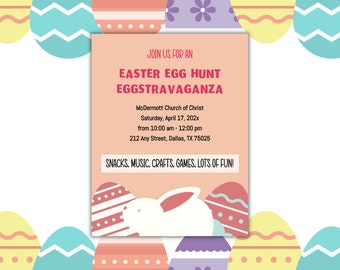 Inbjudan till flygblad för påskäggjakt Kyrka, skola, grannskap, äggjakt eggstravaganza, inbjudan till påskäggjakt, utskrivbar mall SS124