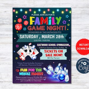 Family Game Night Flyer, Printable PTA PTO Flyer, School Church Benefit Fundraiser Event Poster Digital Party Invitation imprimable MLN 143