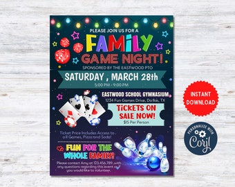 Family Game Night Flyer, Printable PTA PTO Flyer, School Church Benefit Fundraiser Event Poster Digital Party Printable Invitation MLN 143