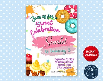 Sweet Birthday Theme Girl, Special Donuts, Cupcakes, Candies Party Personalized Invitation Digital File, MLN11a