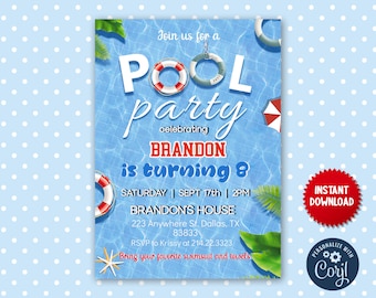 Pool Party Invitation, Swimming party, corjl, Summer Invitation Editable Template 5x7 splish splash MLN42
