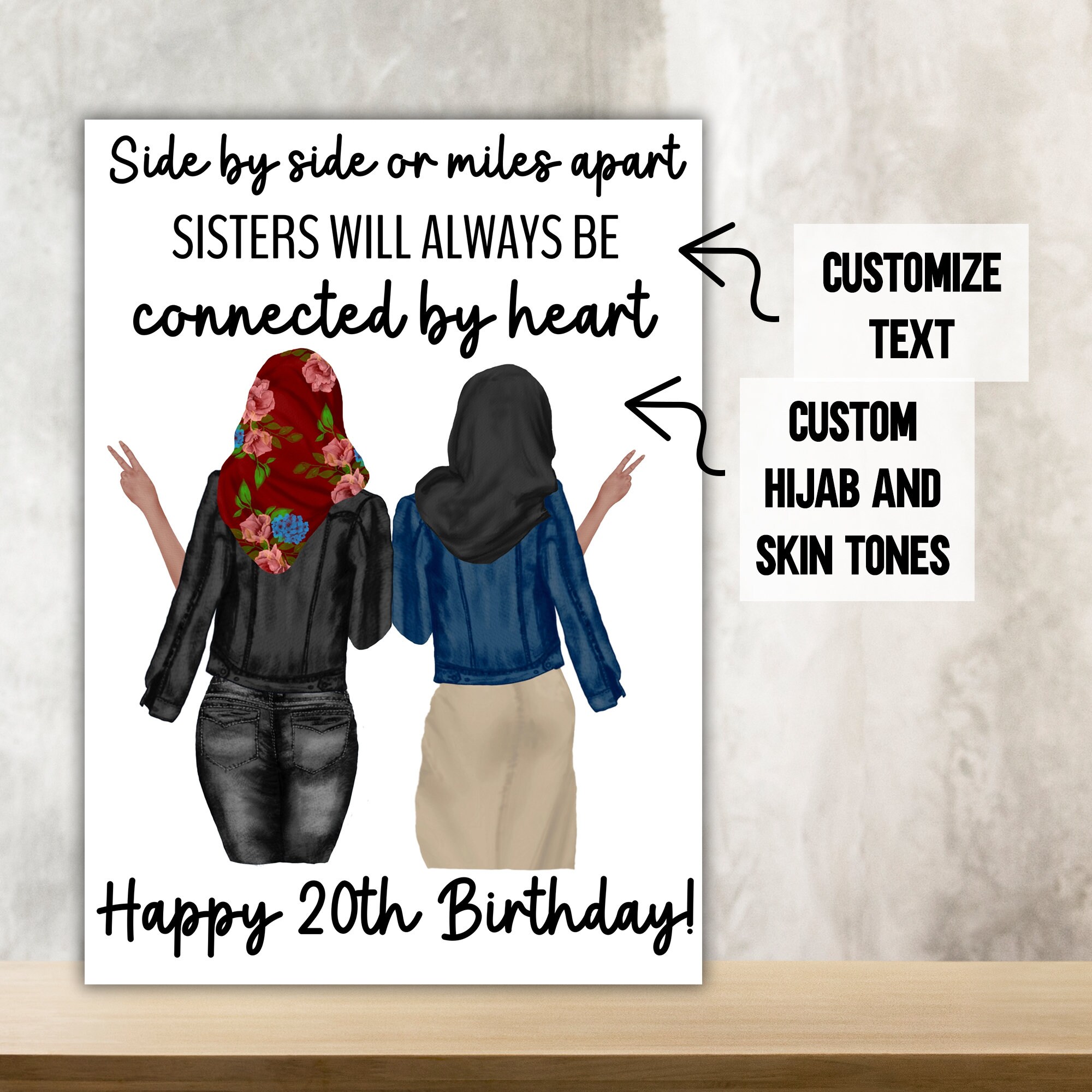 Muslim women Happy birthday Sisters Long Distance hijab customize text and hijab color cheers personalized name portrait corjl custom