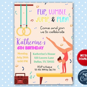 Gymnast Birthday Invitation - Gymnastics Birthday Party Invite - Gym Flip tumble jump play Invitation Digital File JVN24