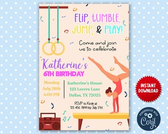 Gymnast Birthday Invitation - Gymnastics Birthday Party Invite - Gym Flip tumble jump play Invitation Digital File JVN24