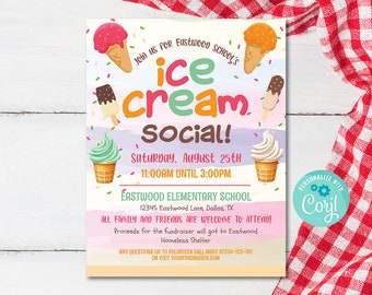 Ice Cream Social  Invitation Flyer, Teacher Appreciation, Printable Ice Cream Fundraiser, School pta pto, Digital File MLN217