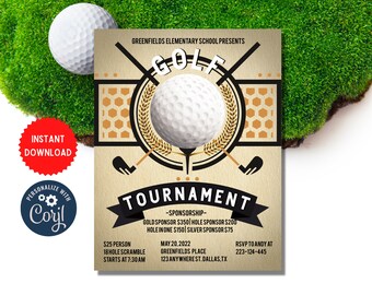 May include: A golf tournament invitation with a gold and brown color scheme. The invitation features a golf ball, two crossed golf clubs, and the text "Golf Tournament". The text also includes the date, time, location, and contact information for the event.