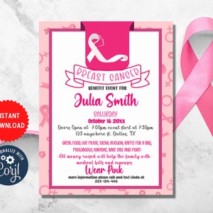 Plantilla de invitación para el cáncer de mama, invitación personalizada para recaudar fondos, celebración del evento de recaudación de fondos editable, tarjeta de descarga instantánea, MLN86