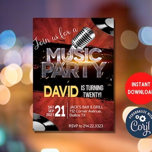 Invitación a fiesta musical, invitación editable a celebración de cumpleaños, invitación de descarga instantánea a celebración nocturna de karaoke, MLN45